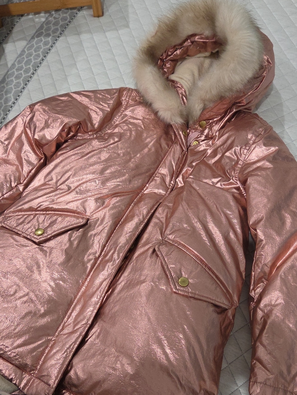 Crewcuts Girls Metallic Rose Gold Puffer Coat with Faux Fur Hood. Size 8